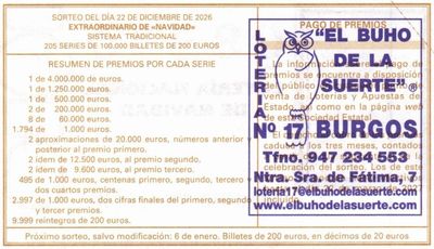 Reverso del d&eacute;cimo 08316 con el sello de la Administraci&oacute;n n&ordm; 17 &laquo;El B&uacute;ho de la Suerte&raquo;, en Burgos